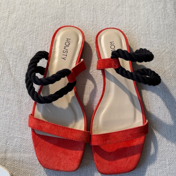 Anthropologie New Howsty Flat Slide Coral Red Suede Black ❤️ Chic size 6.5 to 7 - Picture 8 of 10